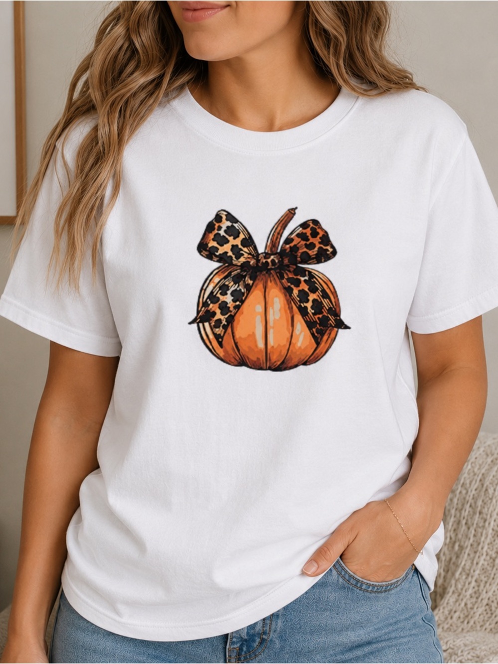 Gildan White Tee with Orange Pumpkin & Leopard Bow